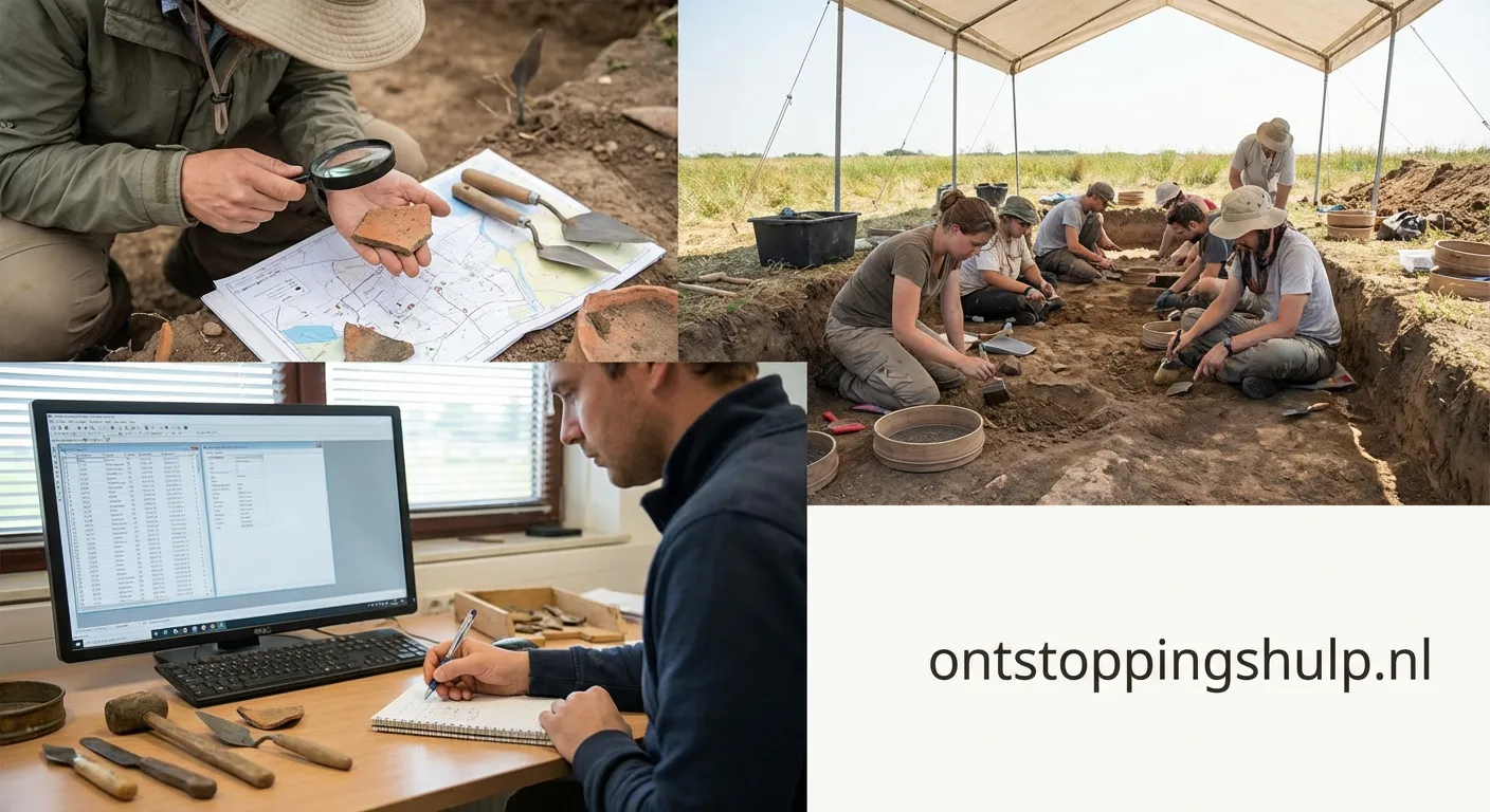 Archeologisch onderzoek in een bouwput met meetinstrumenten
