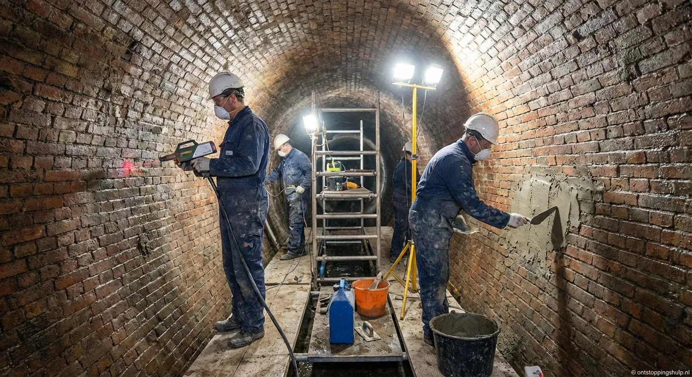 Bakstenen riool restauratie werkzaamheden in oude tunnel