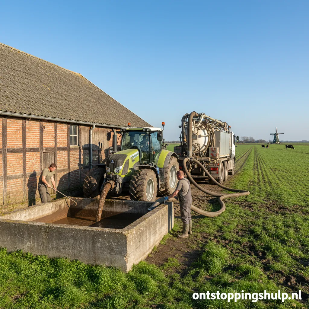 Grote vrachtwagen die een beerput leegpompt op een agrarisch bedrijf