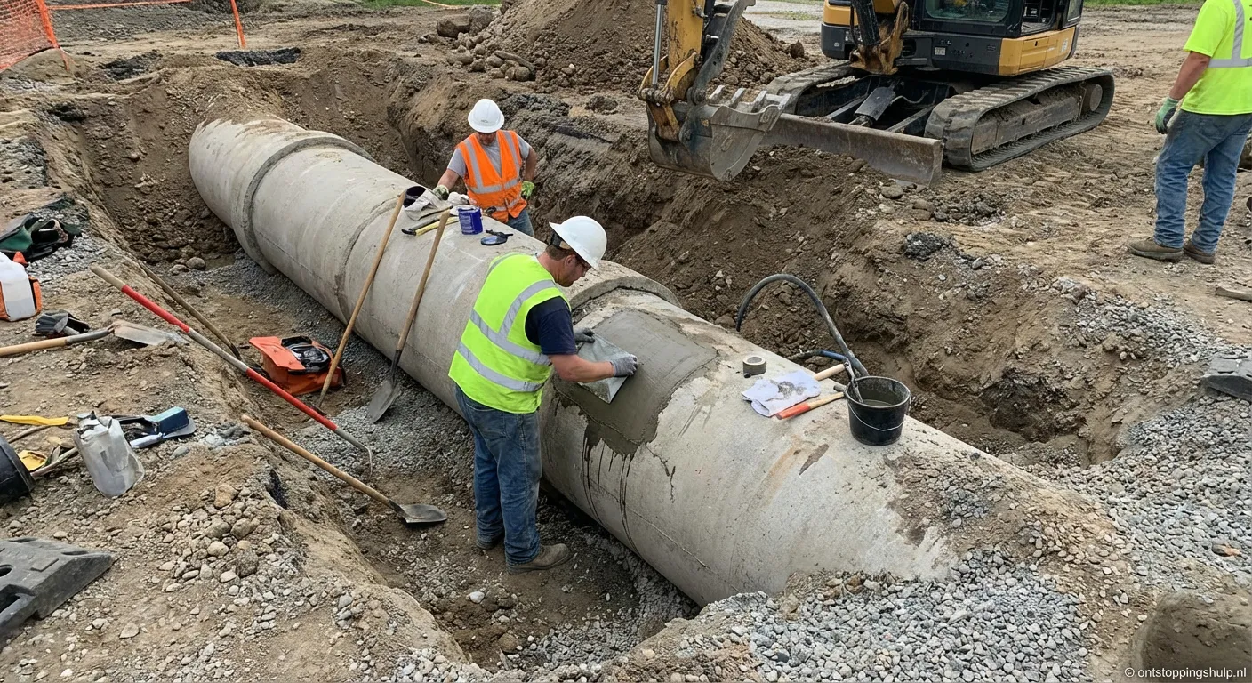 Vakman voert een betonnen rioolbuis reparatie uit in een sleuf