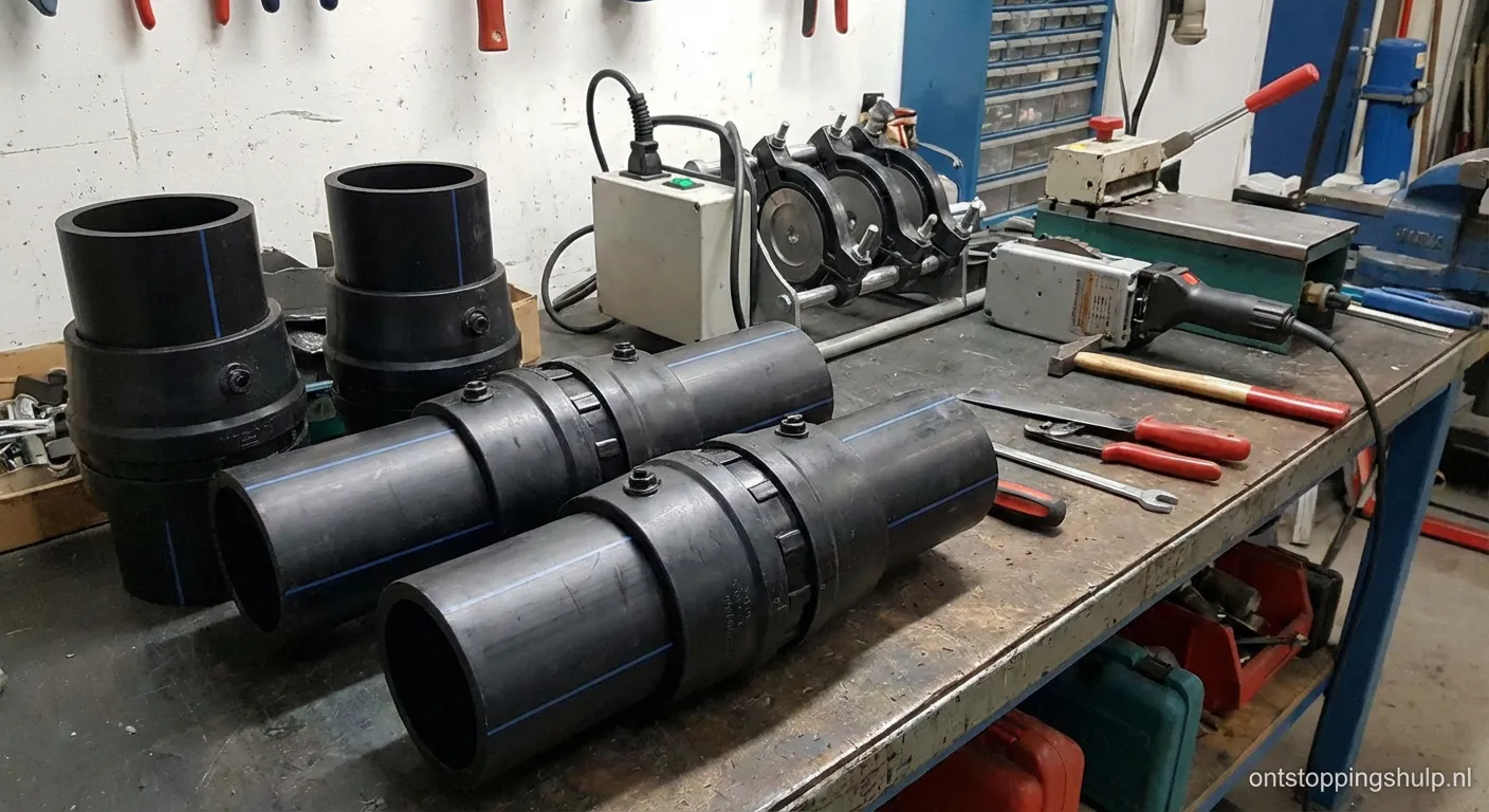 Monteur werkt met elektrolasmoffen HDPE aan een leiding