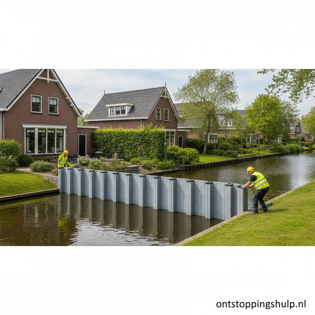 Een robuuste flood barrier beschermt een huis tegen hoogwater.