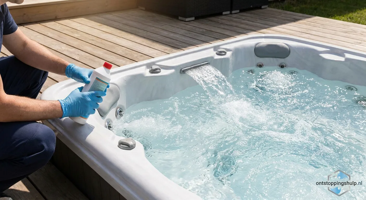Handen spoelen interne buizen van een jacuzzi whirlpool schoon