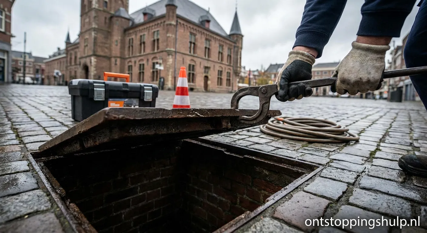 Mangat putdeksel voor riooltoegang in Nederlandse straat