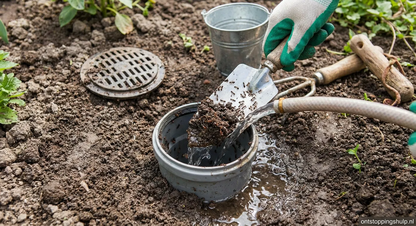 Mieren rondom afvoerbuis in Nederlandse tuin