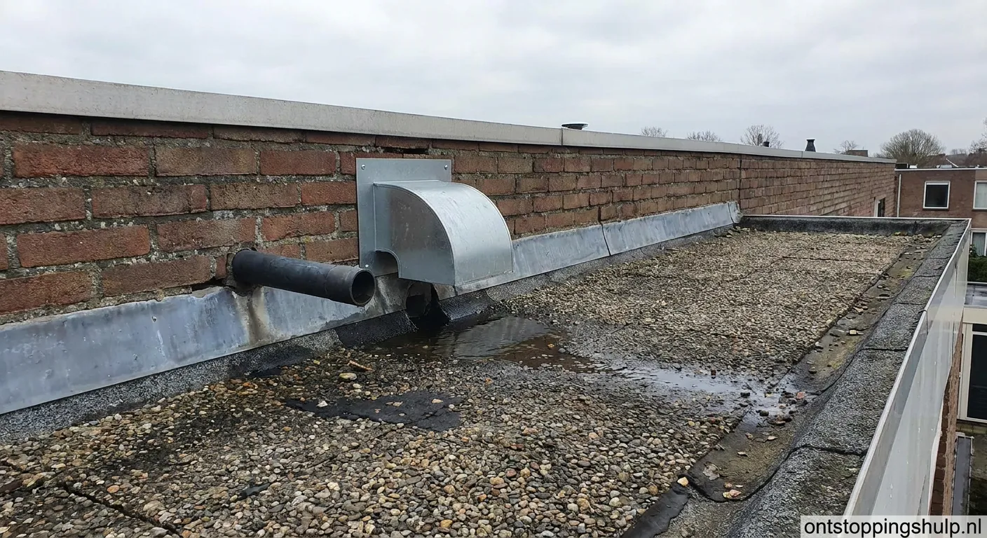 Platdak noodoverloop installatie met zichtbare afvoercomponenten