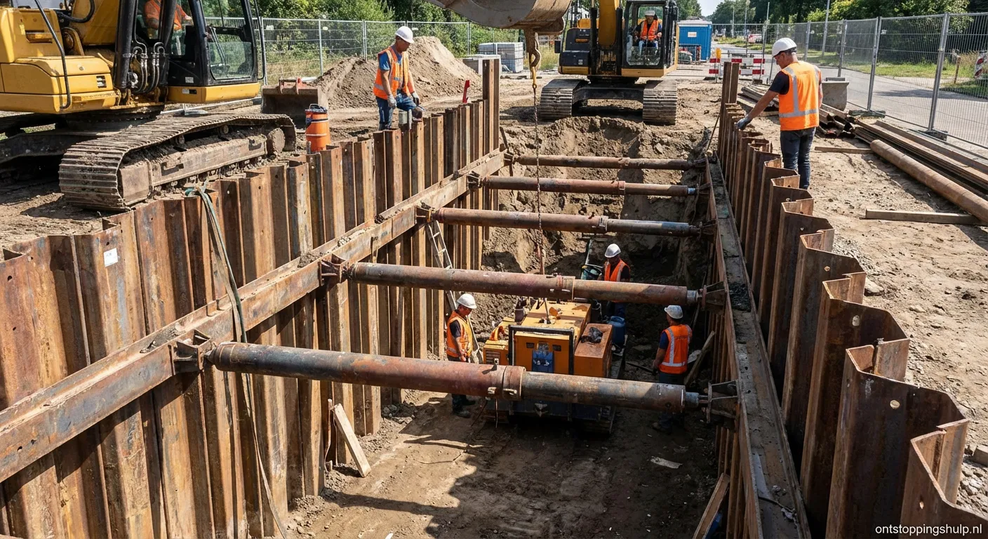 Installatie van sleufbkisting bij rioolgraafwerkzaamheden