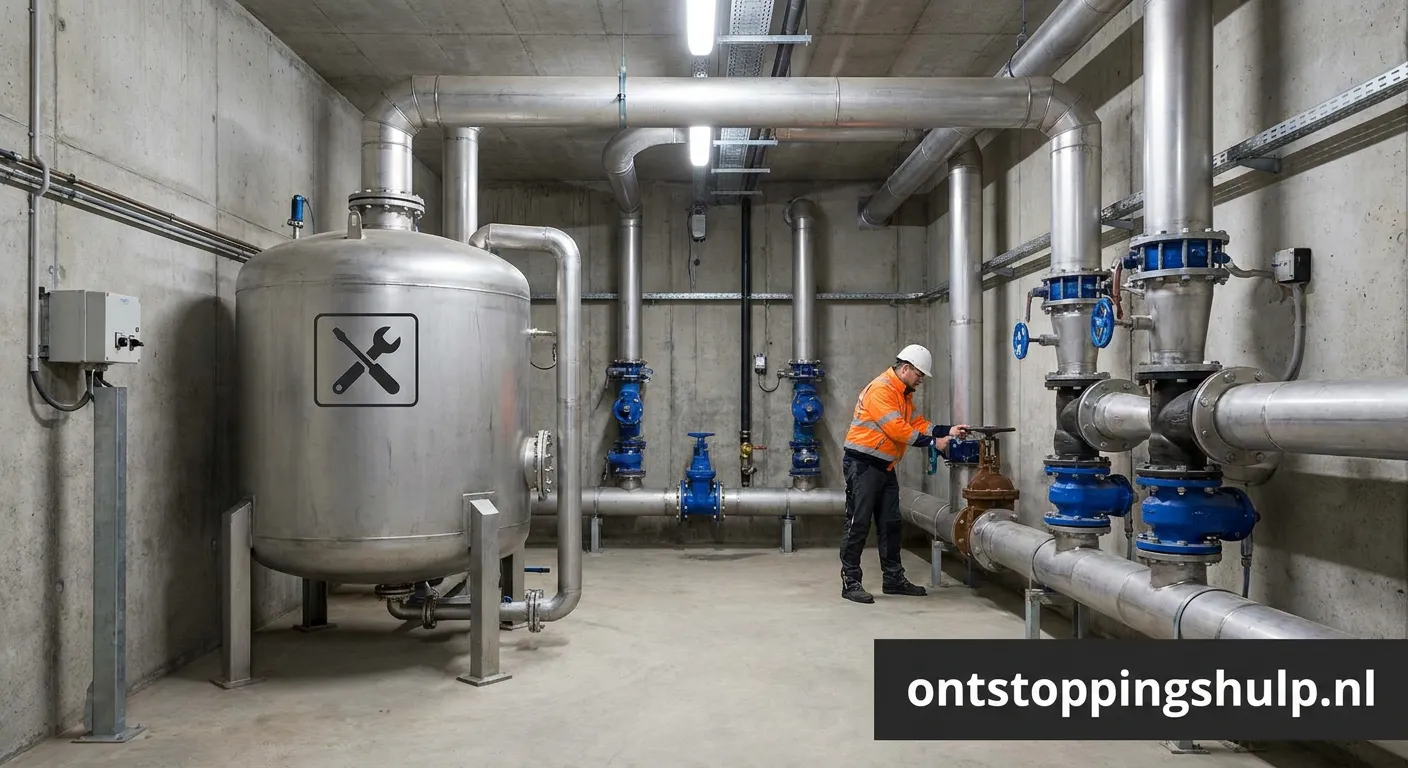Moderne slibbuffer opslagtank met aansluitende leidingen voor rioolsysteem