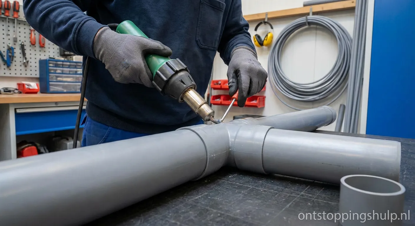 Vakman bezig met thermisch lassen van een PVC buis met heteluchtpistool