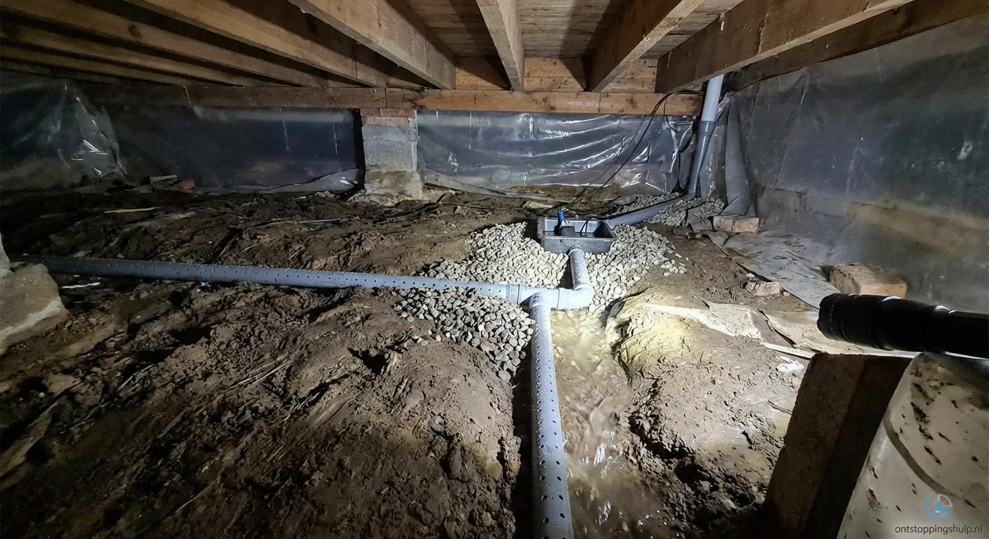 Installatie van vochtige kruipruimte drainage buizen en pomp