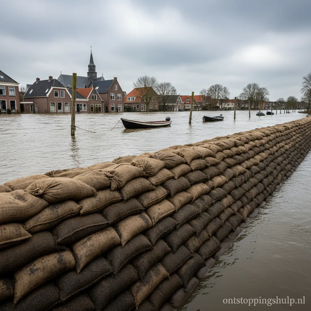 Opgestapelde zandzakken als een barrière tegen dreigend hoogwater.